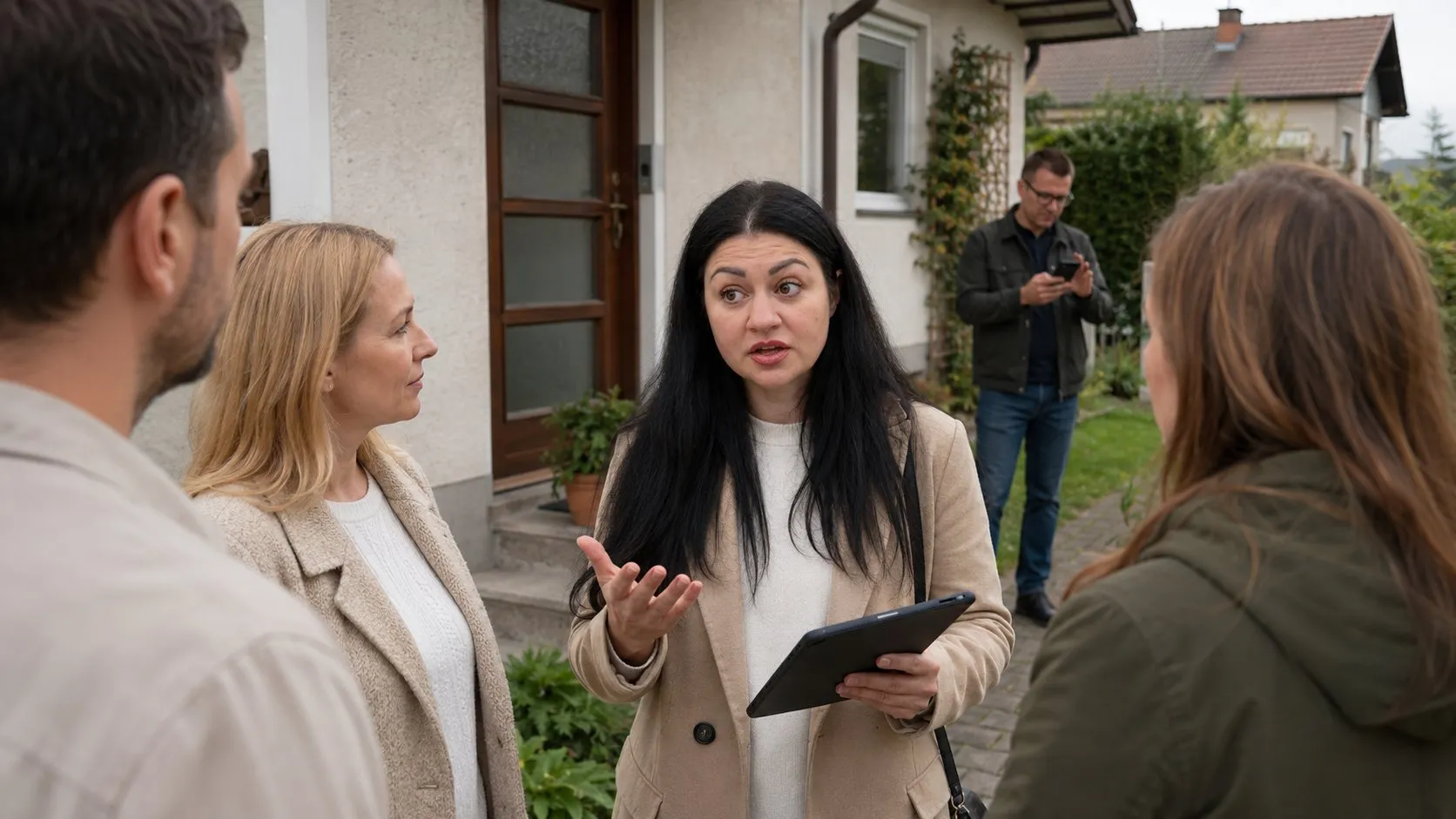 Alina from DomCare accompanies buyers at a property viewing in Slovenia while Slava records a video walkthrough