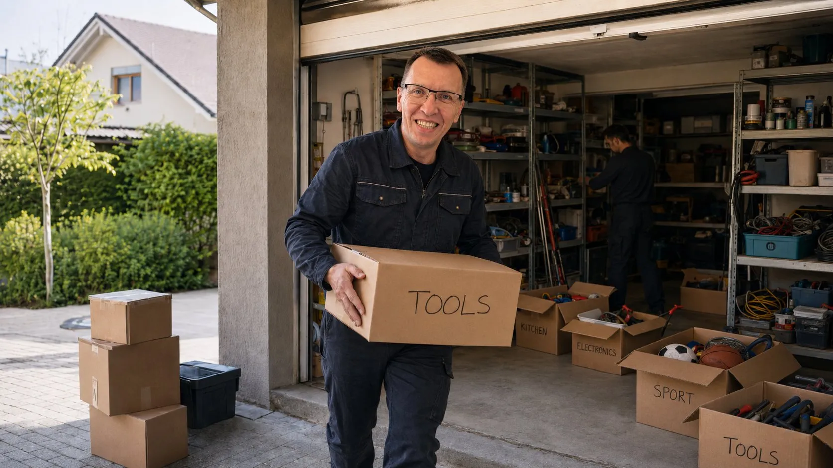 Slava from DomCare carrying out boxes of tools while clearing a property