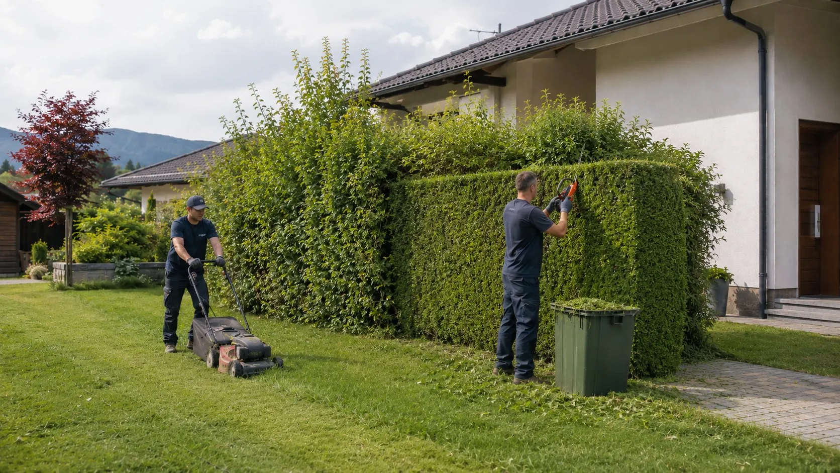 The DomCare team tending a garden — mowing the lawn and trimming a hedge