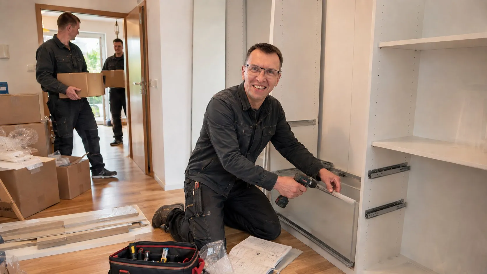 Slava from DomCare assembling furniture while movers carry boxes into an apartment